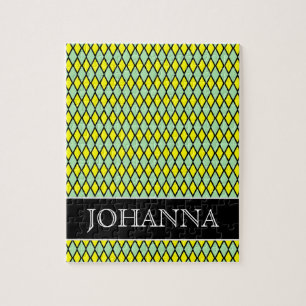 Yellow and Green Diamond Shape Pattern + Name Jigsaw Puzzle