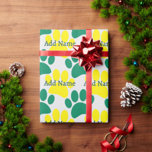 Yellow and Green Dog Paw Print Custom Name Wrapping Paper