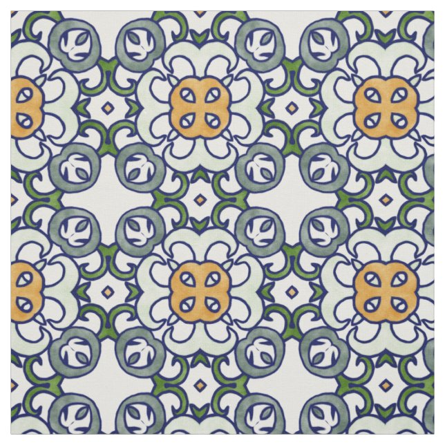 Yellow and Green Floral Damask Pattern Fabric (Swatch)