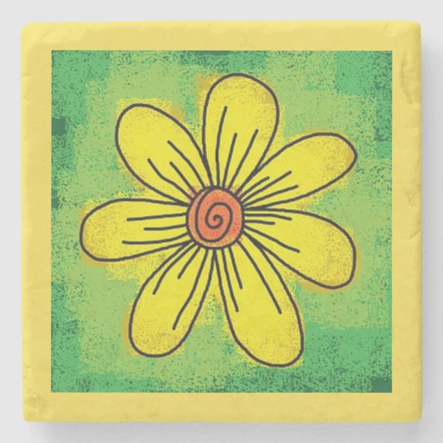 Yellow and Green Floral Square Stone Coaster (Front)