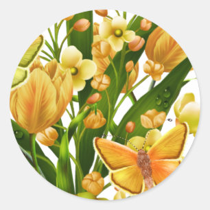 Yellow and Green Floral Sticker with Butterfly