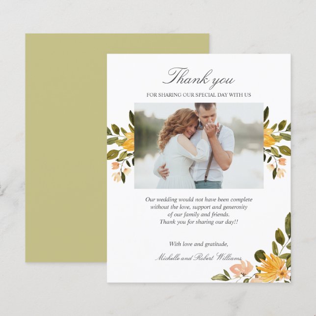 Yellow and green floral Wedding Photo THANK YOU (Front/Back)