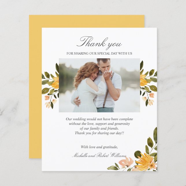 Yellow and green floral Wedding Photo THANK YOU (Front/Back)