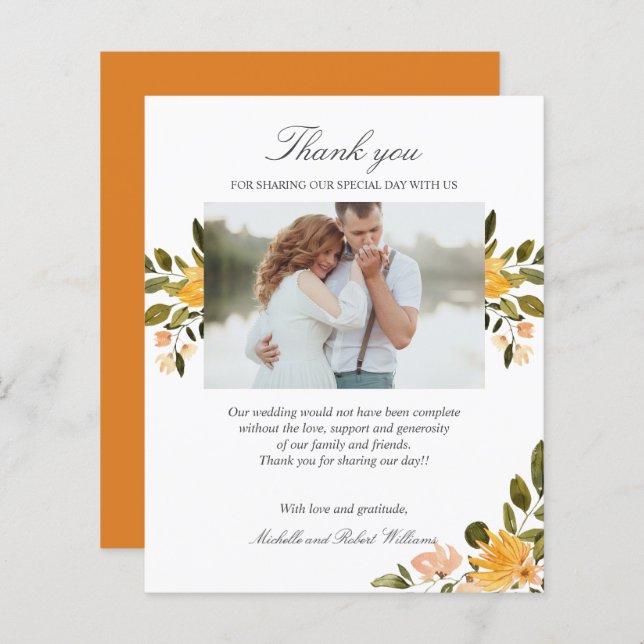 Yellow and green floral Wedding Photo THANK YOU (Front/Back)