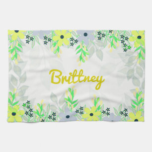 Yellow and Green Flower Print Tea Towel