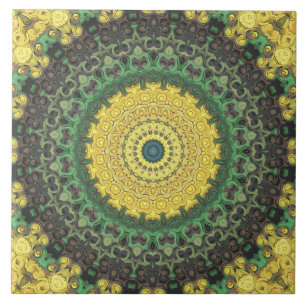 Yellow and Green Kaleidoscope Mandala Pattern Ceramic Tile