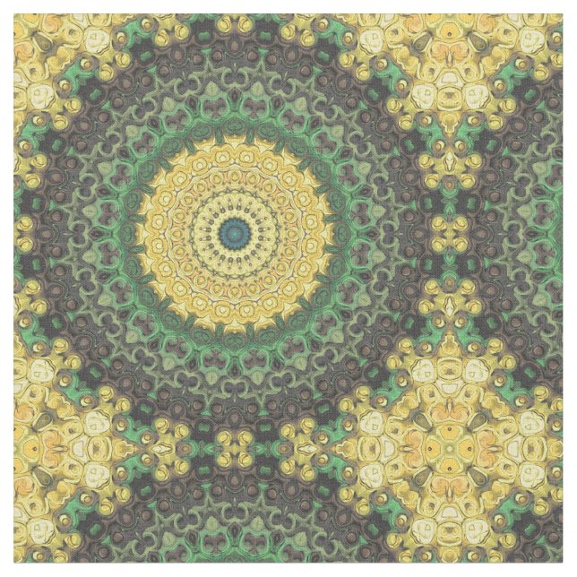 Yellow and Green Kaleidoscope Mandala Pattern Fabric (Close Up)