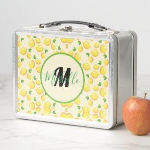Yellow and green lemon pattern Vintage monogrammed Metal Lunch Box