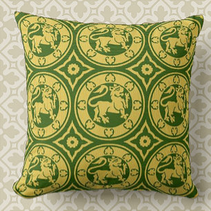 Yellow and Green Mediaeval Lions Throw Pillow