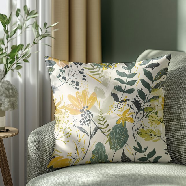 Yellow and Green Modern Botanical Pattern Cushion (Elegant and timeless look that blends effortlessly with grand millennial décor.)