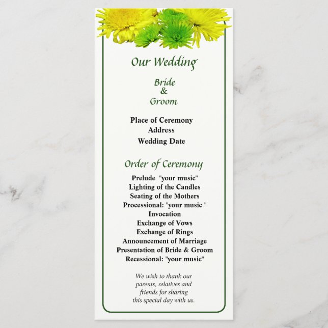 Yellow and Green Mums Wedding Program (Front)