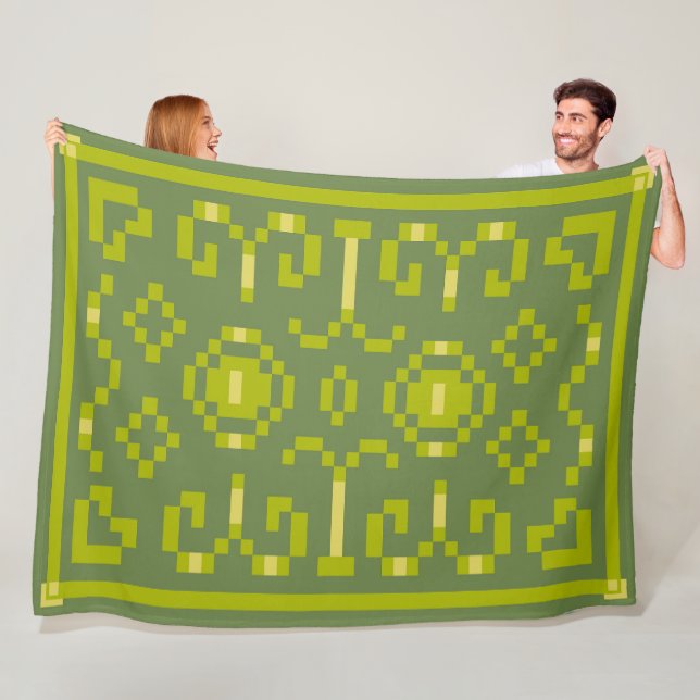 Yellow and green pixels play geometric shapes fleece blanket (In Situ)