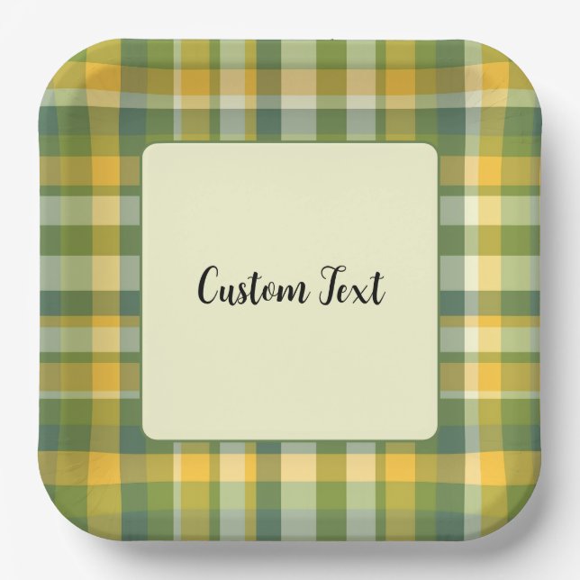 Yellow and Green Plaid Pattern Background Paper Plate (Front)