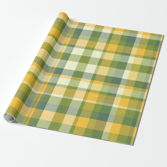 Yellow and Green Plaid Pattern Background Wrapping Paper (Unrolled)