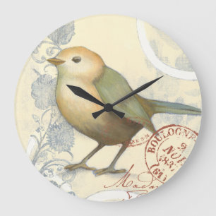 Yellow and Green Sparrow on Vintage Background Large Clock