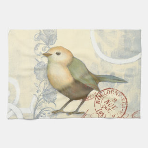 Yellow and Green Sparrow on Vintage Background Tea Towel
