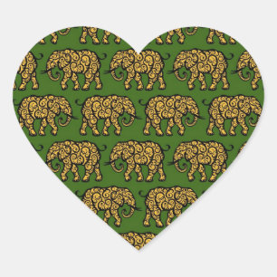 Yellow and Green Swirling Elephant Pattern Heart Sticker