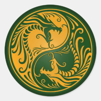 Yellow and Green Yin Yang Dragons Classic Round Sticker