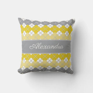 Yellow and Grey Argyle Pattern  Custom Name Cushion