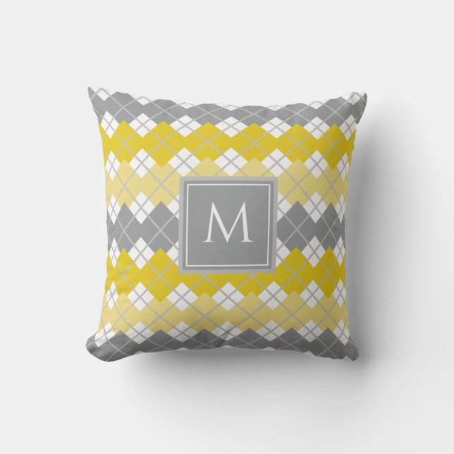 Yellow and Grey Argyle Pattern Monogram Cushion (Front)
