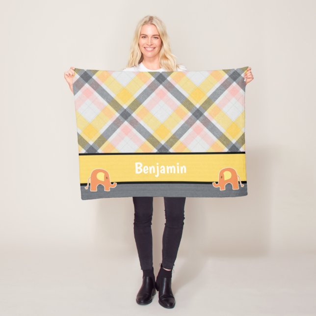 Yellow and Grey Baby Elephant Fleece Blanket (In Situ)