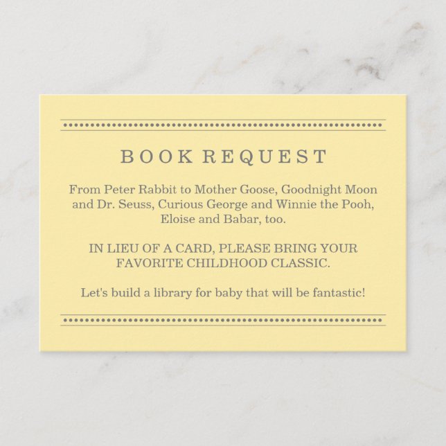 Yellow and Grey Baby Shower Book Request Enclosure Card (Front)
