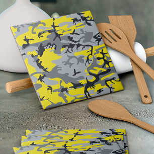 Yellow and Grey Camouflage, Military, Army Ceramic Tile