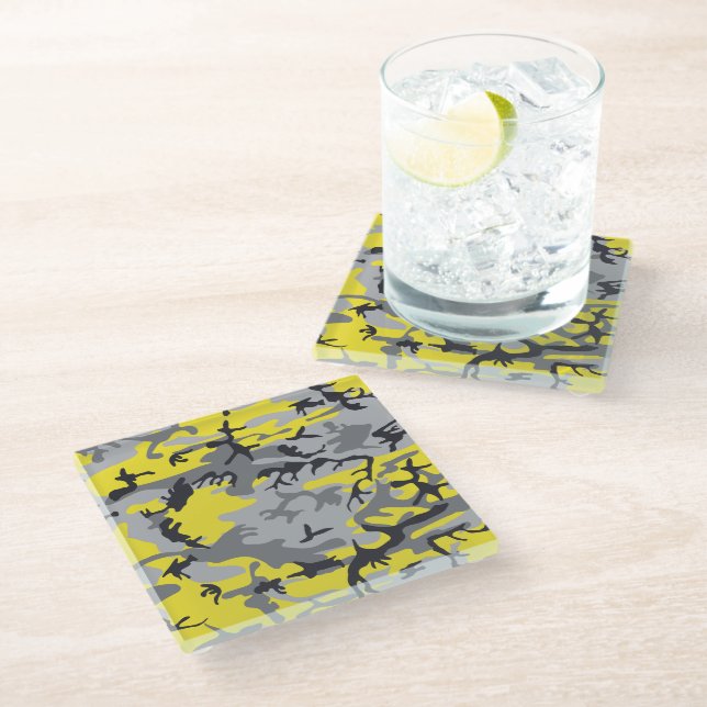 Yellow and Grey Camouflage, Military, Army Glass Coaster (Angled)