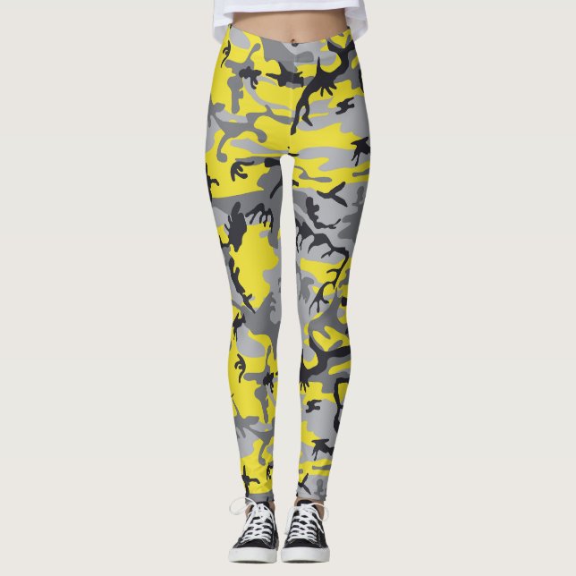 Yellow and Grey Camouflage, Military, Army Leggings (Front)
