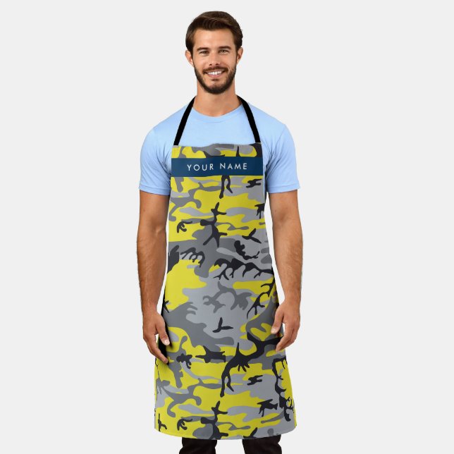 Yellow and Grey Camouflage Your name Personalise Apron (Worn)