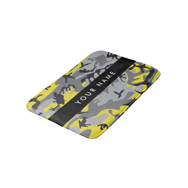 Yellow and Grey Camouflage Your name Personalise Bath Mat (Angled)