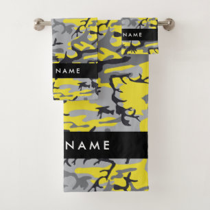Yellow and Grey Camouflage Your name Personalise Bath Towel Set