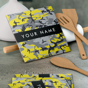 Yellow and Grey Camouflage Your name Personalise Ceramic Tile