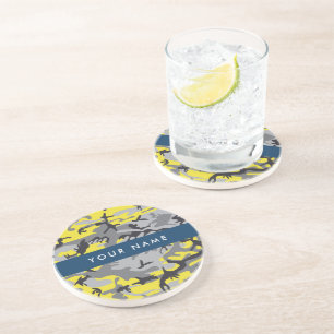 Yellow and Grey Camouflage Your name Personalise Coaster