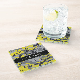 Yellow and Grey Camouflage Your name Personalise Glass Coaster