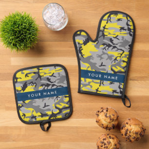 Yellow and Grey Camouflage Your name Personalise Oven Mitt & Pot Holder Set