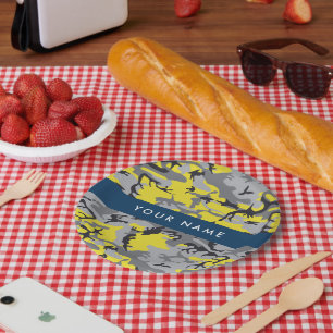 Yellow and Grey Camouflage Your name Personalise Paper Plate