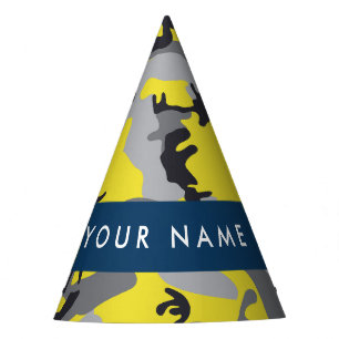 Yellow and Grey Camouflage Your name Personalise Party Hat