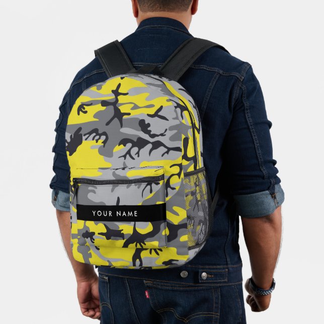 Yellow and Grey Camouflage Your name Personalise Printed Backpack (Insitu (Model))