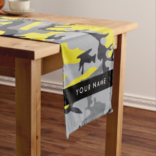 Yellow and Grey Camouflage Your name Personalise Short Table Runner