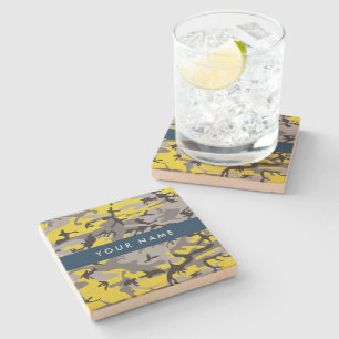 Yellow and Grey Camouflage Your name Personalise Stone Coaster