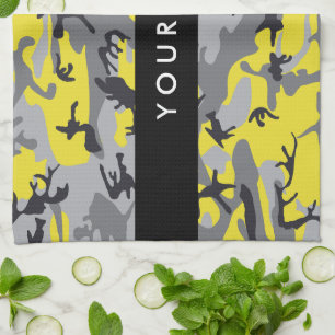 Yellow and Grey Camouflage Your name Personalise Tea Towel