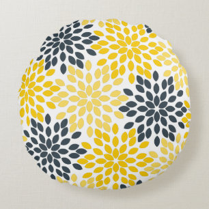 Yellow and Grey Charcoal Modern Floral Round Cushion