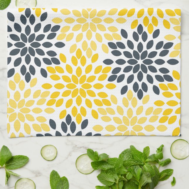 Yellow and Grey Charcoal Modern Floral Tea Towel (Folded)
