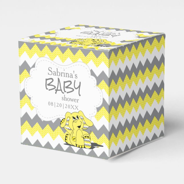 Yellow and Grey Chevron Elephant Baby Shower Favour Box (Front Side)