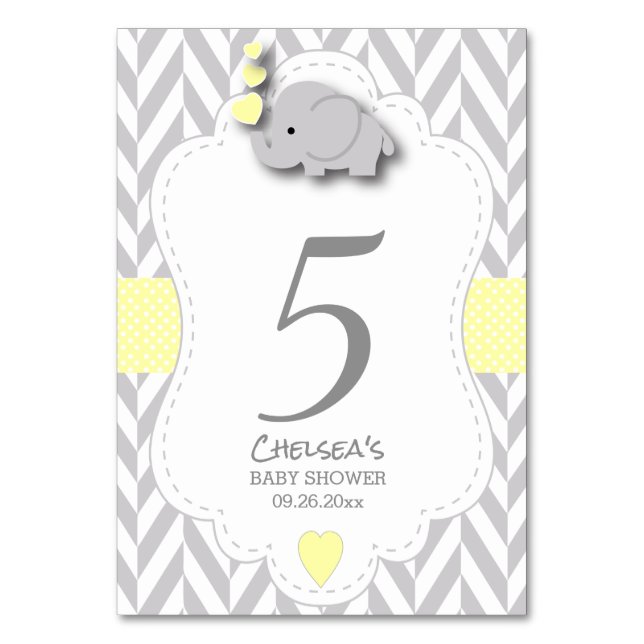 Yellow and Grey Chevron Elephant Table Number (Front)