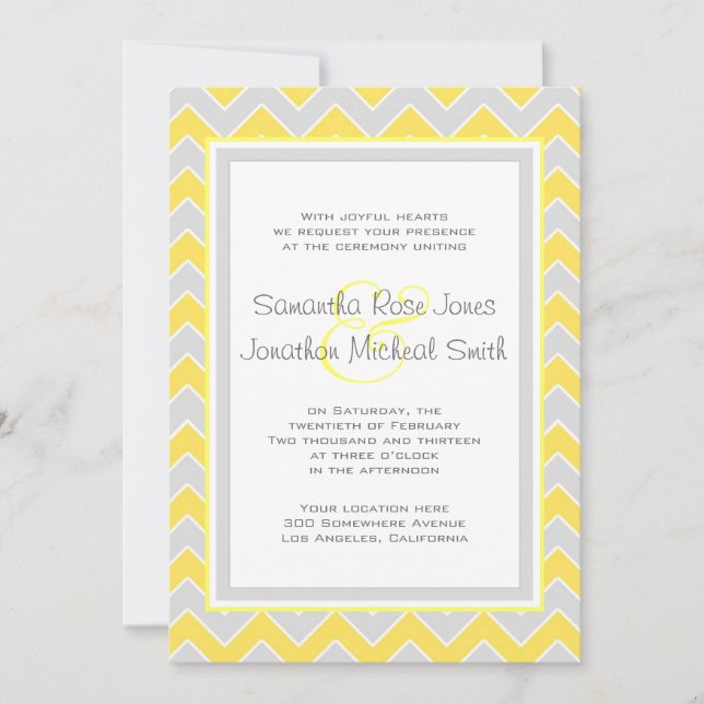 Yellow and Grey Chevron Pattern Wedding Invitation (Front)