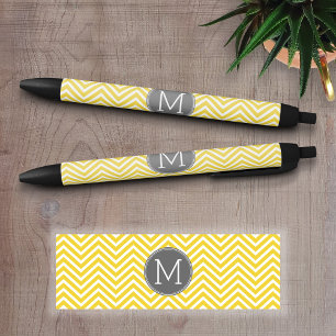 Yellow and Grey Chevron Pattern with Monogram Black Ink Pen
