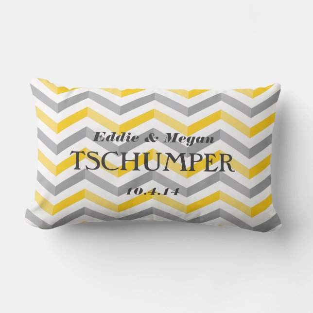 Yellow and Grey Chevron Wedding Lumbar Cushion (Front)