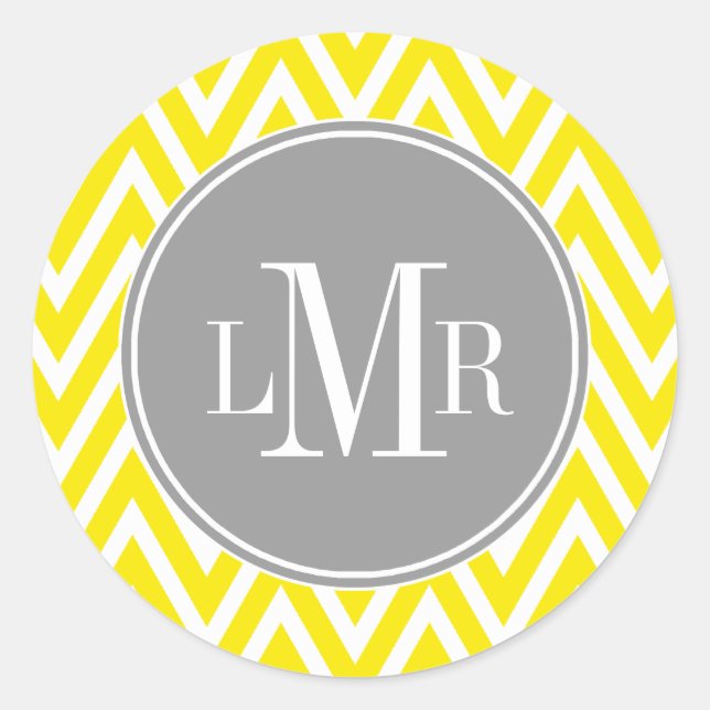 Yellow and Grey Chevrons Monogram Classic Round Sticker (Front)